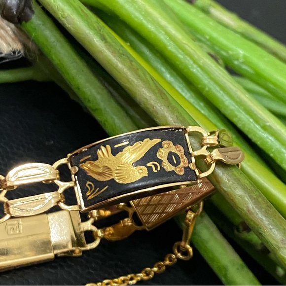 Vintage Damascene Gold-tone Enameled Birds & Flowers Link 8” Bracelet 16.3g - Picture 14 of 15